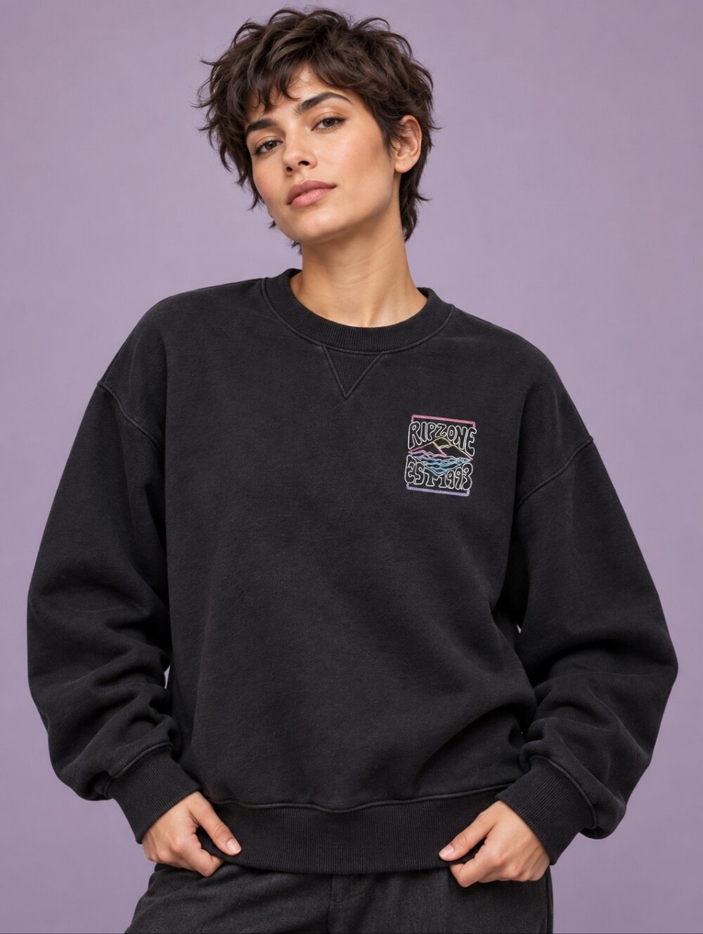 Womens Black Ripzone Crewneck Sweatshirt Large